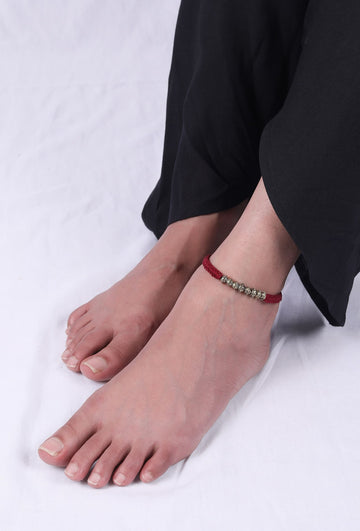 Set Of 2: Garnet Pink Thread & Antique Plated Brass Beaded Anklets